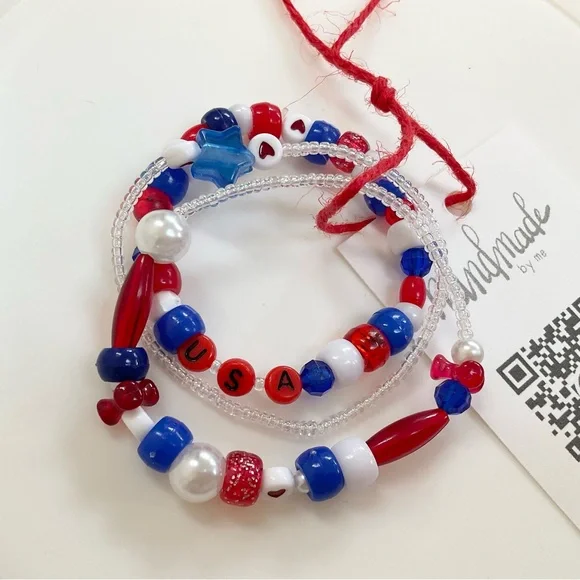 handmade stacking stretchy USA bracelets red, white, blue - Picture 3 of 10